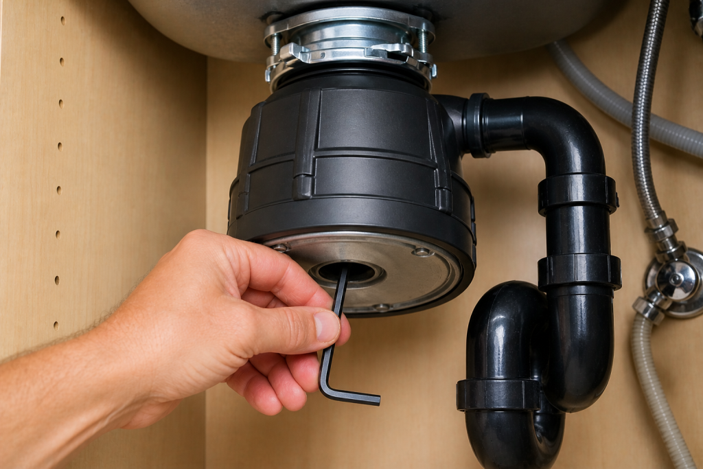 hand using Allen wrench to manually rotate garbage disposal blades and free jam