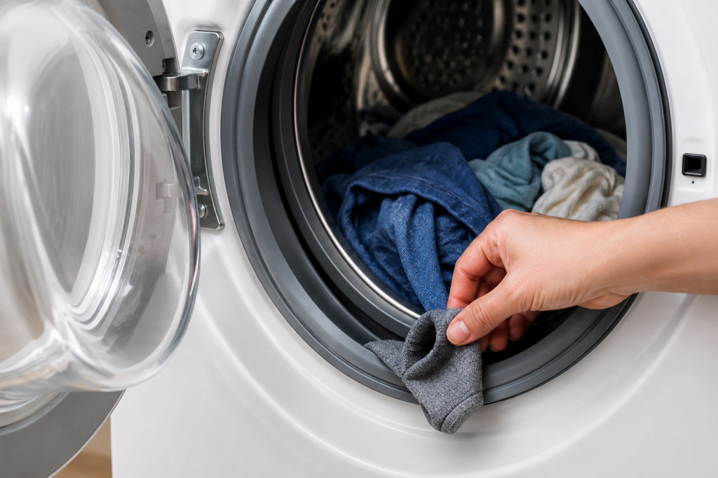 Hand removing clothing caught near the door gasket of a front-load washing machine while inspecting for obstructions that could prevent proper door locking for Maytag Washer F5 E2 Error