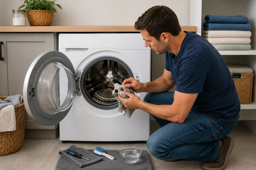 Homeowner cleaning the door lock mechanism of a front-load washing machine with a soft brush while performing maintenance in a clean laundry room.
