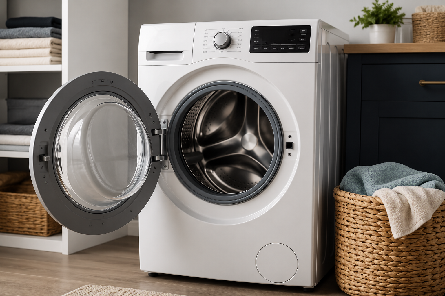 Modern front-load washing machine with the door open in a clean laundry room, representing troubleshooting and repair of a Maytag Washer F5 E2 error code.