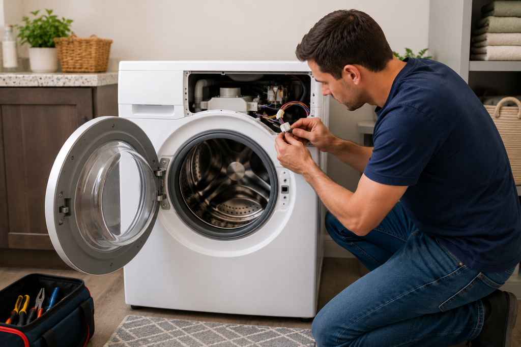 Homeowner inspecting wiring connections inside a front-load washing machine while troubleshooting a door lock error in a clean laundry room.
