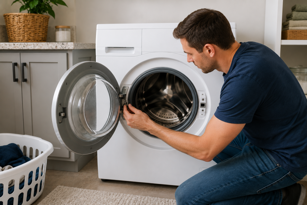 Homeowner inspecting the door lock assembly of a front-load washing machine with the washer fully visible in a clean laundry room during troubleshooting.
