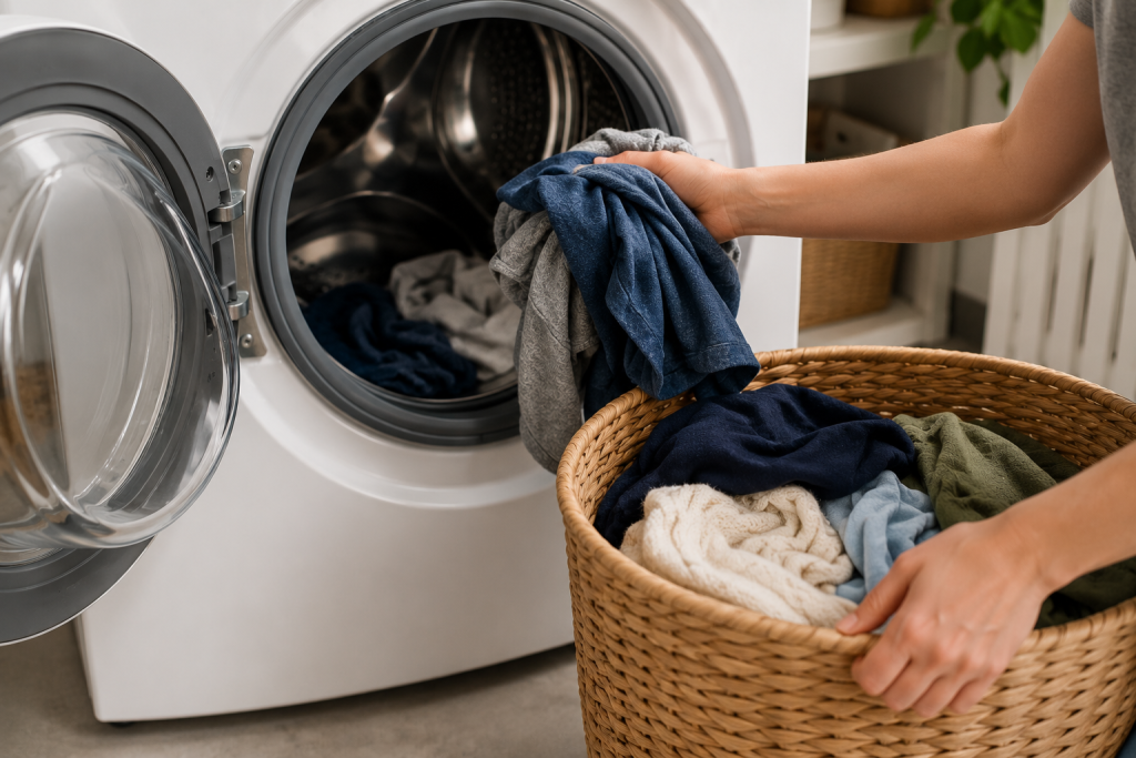 Homeowner removing several clothing items from an overloaded washing machine drum to reduce load size and resolve a door lock error.