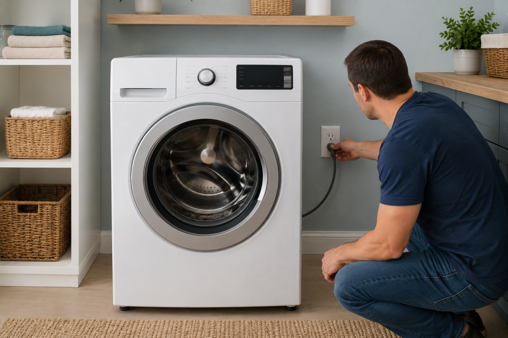 Homeowner unplugging a front-load washing machine from a wall outlet in a clean laundry room to perform a washer reset and clear an error code.