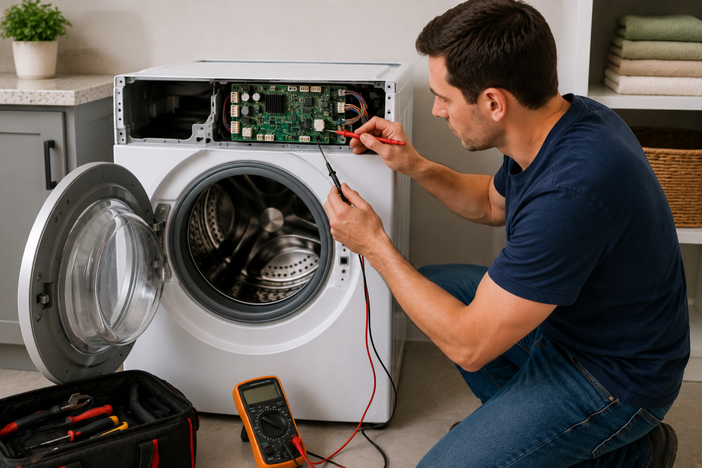 Homeowner using a multimeter to test the electronic control board of a front-load washing machine during troubleshooting and repair.
