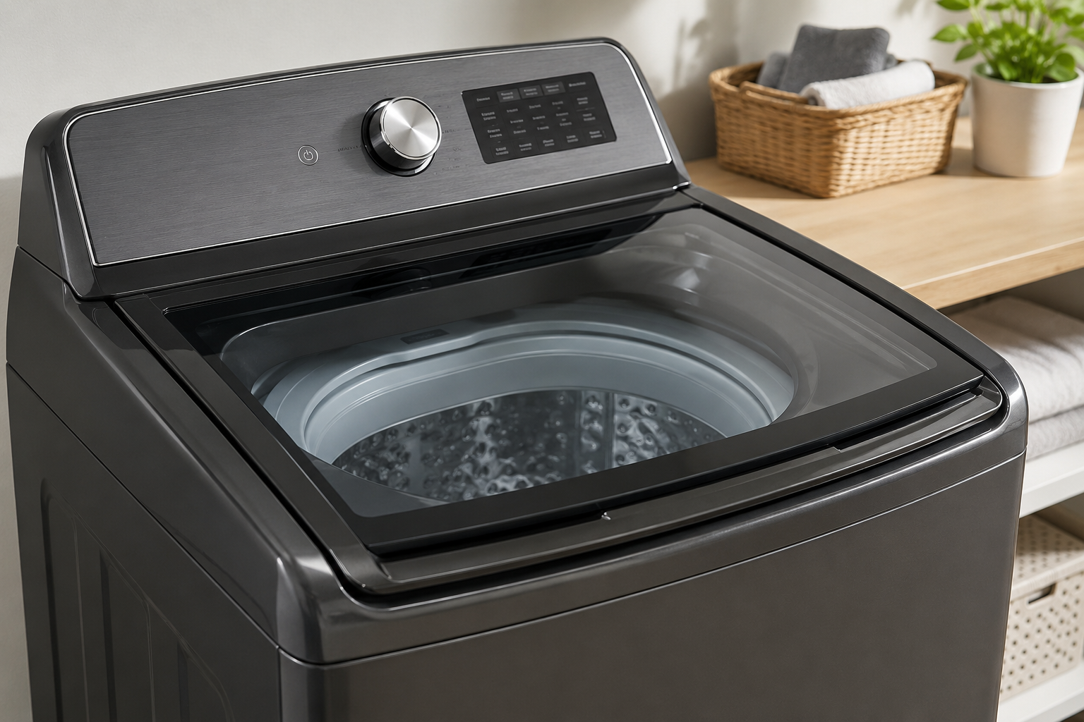 Top-loading Maytag washing machine stuck on sensing cycle in a modern laundry room with open lid and laundry basket nearby