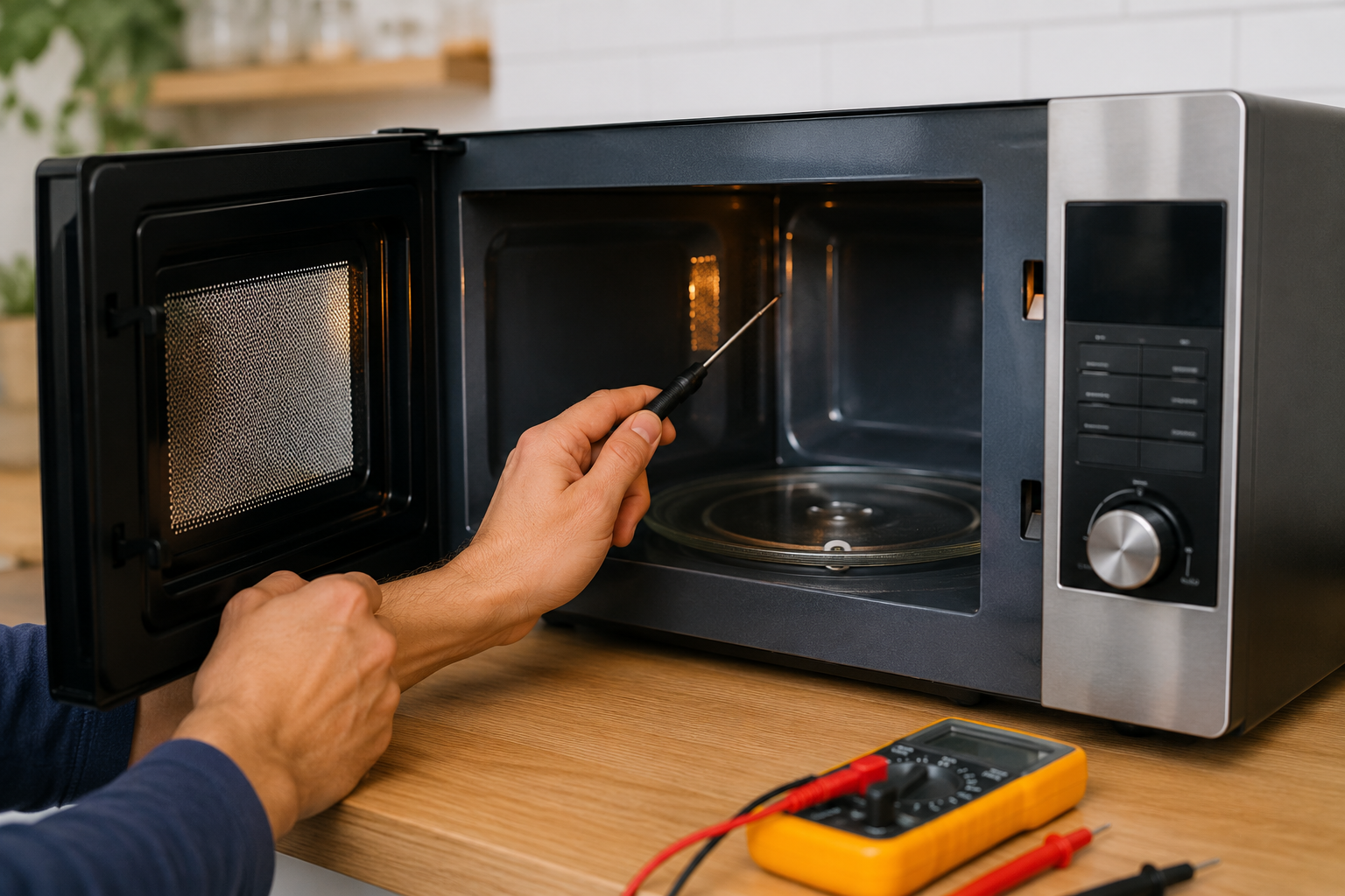 Modern kitchen microwave with open door during appliance heating troubleshooting and repair inspection