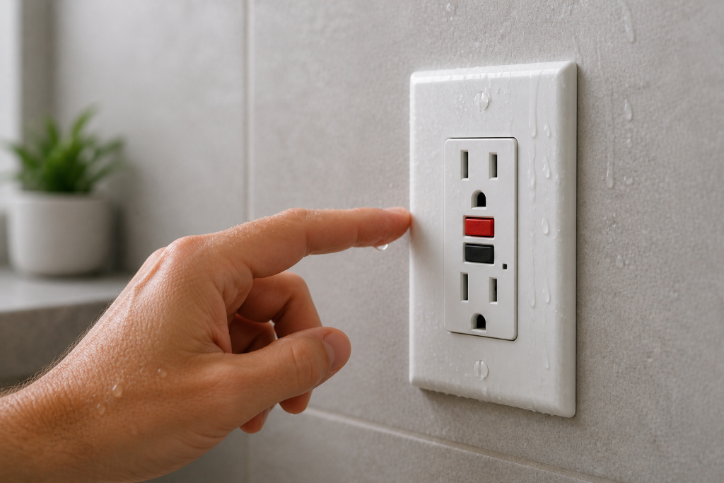 Water and moisture around a GFCI outlet causing electrical outlet troubleshooting issues.