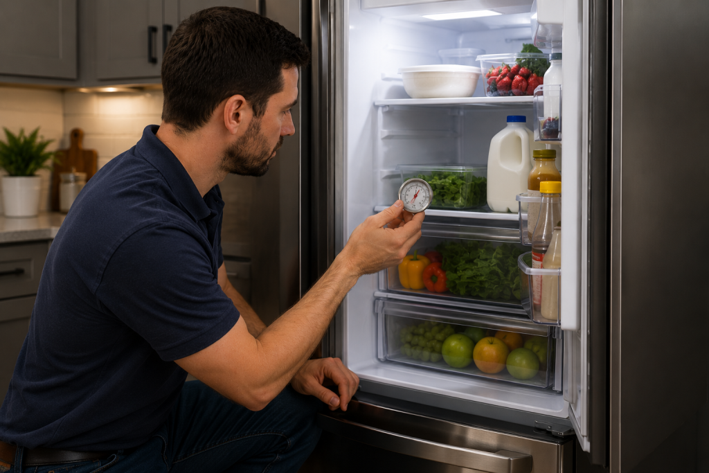 Homeowner checking the temperature and cooling performance inside a stainless steel GE-style refrigerator after restoring power following a PF power failure error in a modern kitchen