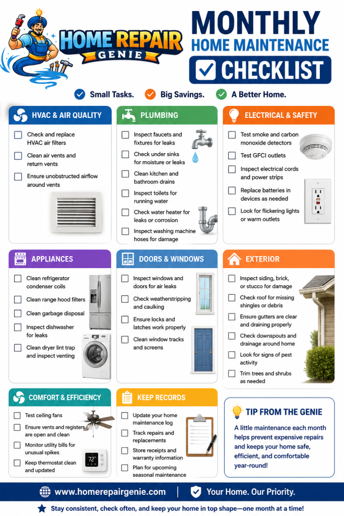 Monthly home maintenance checklist overview infographic by Home Repair Genie with essential homeowner maintenance tasks