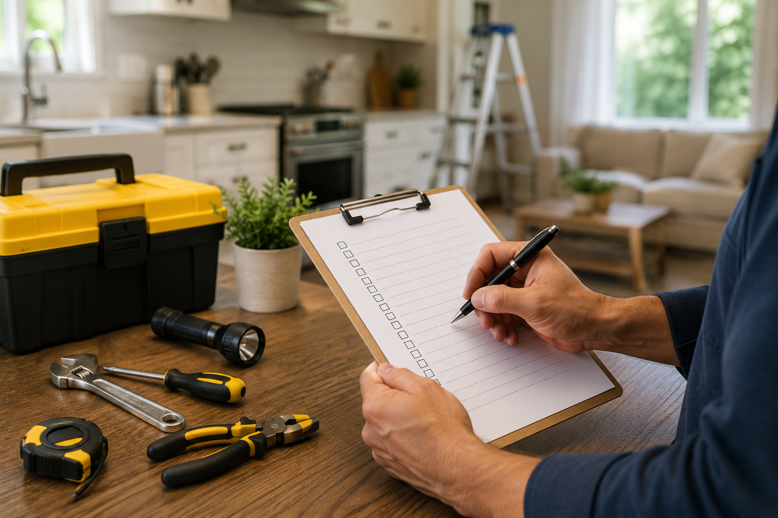 Homeowner completing a monthly home maintenance checklist with tools on a table