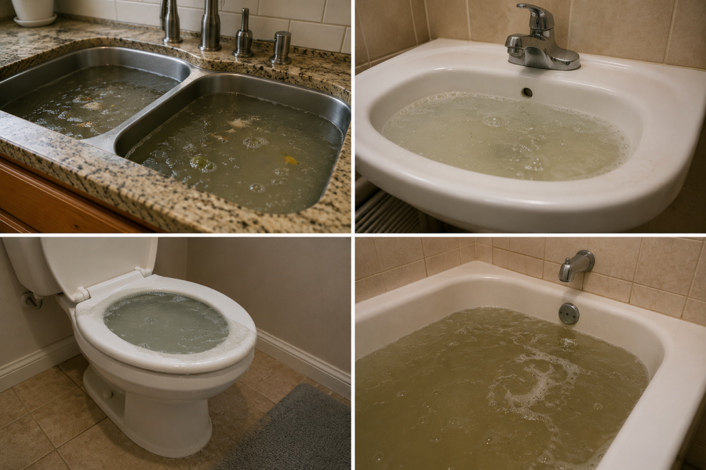 Bathroom sink, toilet, and shower all showing water backup symptoms from a clogged main sewer line in a residential home are Common Signs of a Clogged Sewer Line