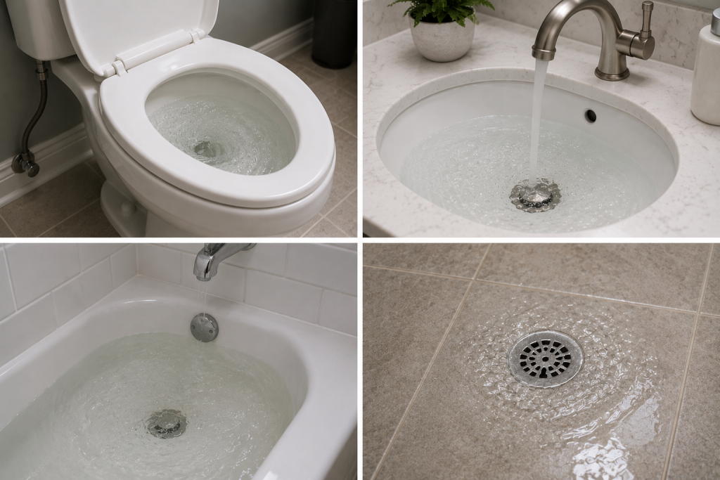 Toilet, sink, bathtub, and floor drain all draining slowly due to a developing sewer line blockage in a residential plumbing system