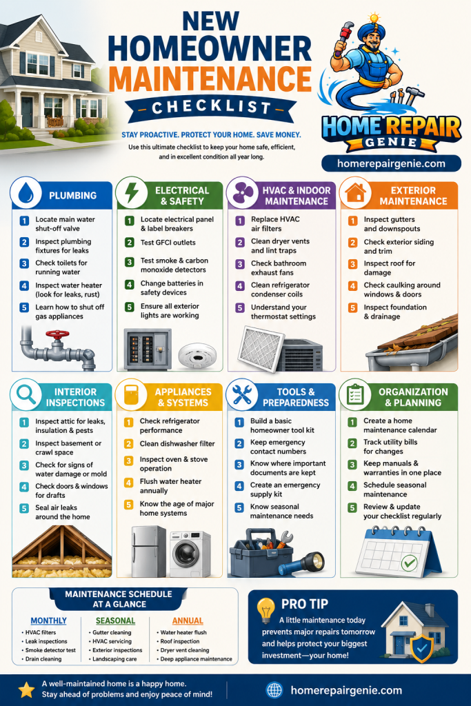 New homeowner maintenance checklist overview infographic by Home Repair Genie with essential first-time homeowner maintenance tasks