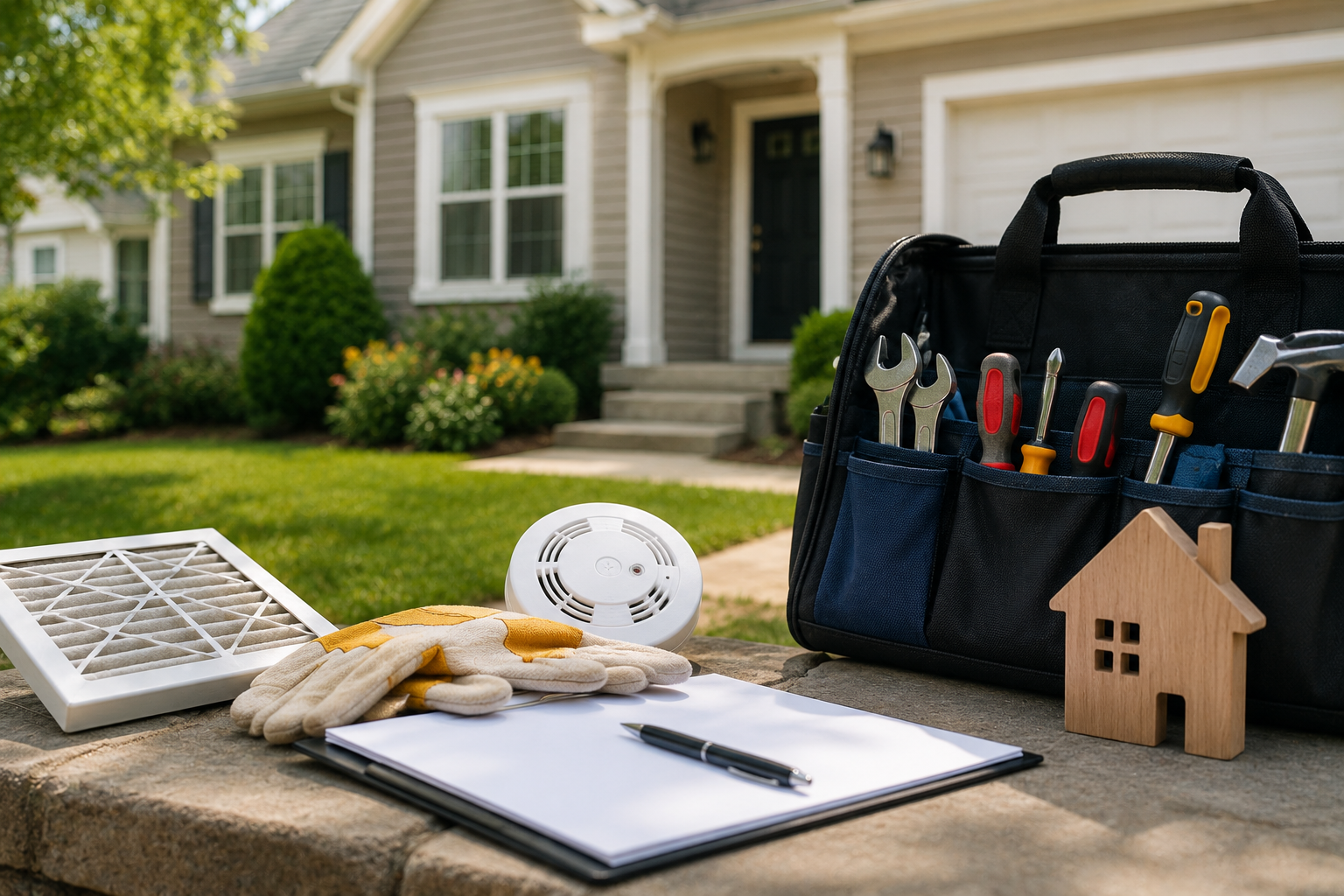 New homeowner maintenance checklist tools and supplies outside a suburban home