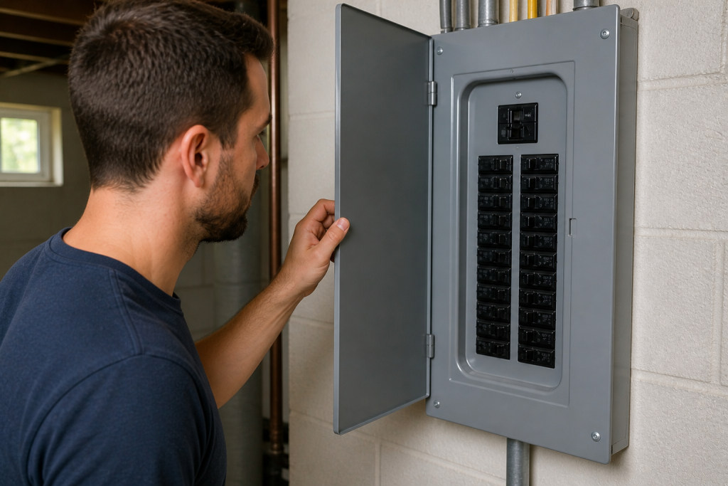 Opening electrical breaker panel to inspect circuits and locate tripped breaker