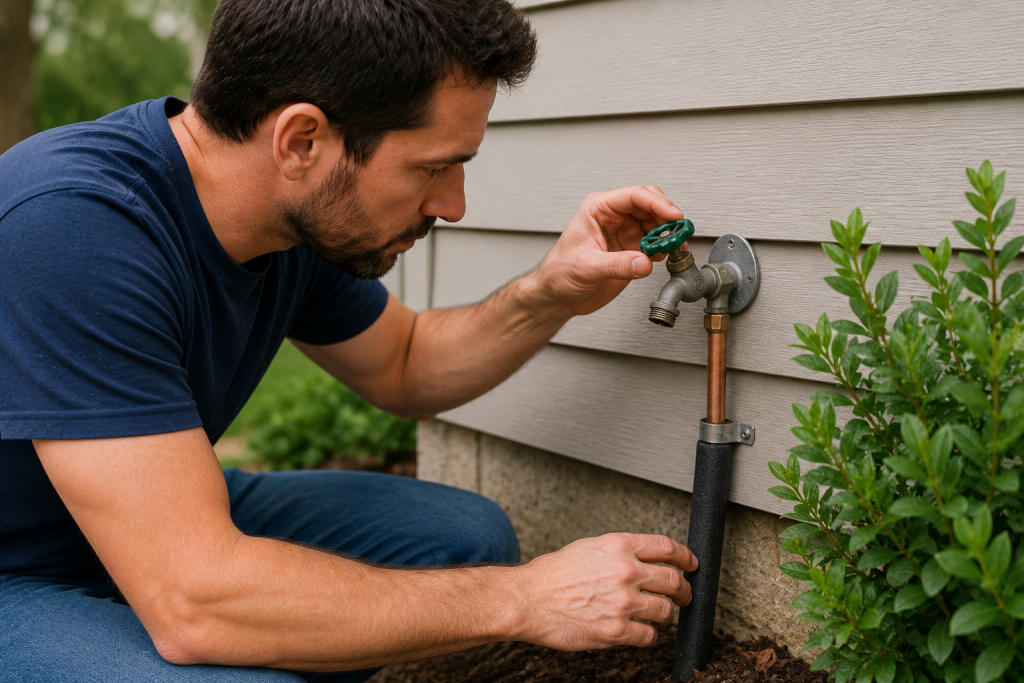 homeowner inspecting an outdoor water faucet and hose bib for leaks and damage during annual plumbing maintenance checklist inspection