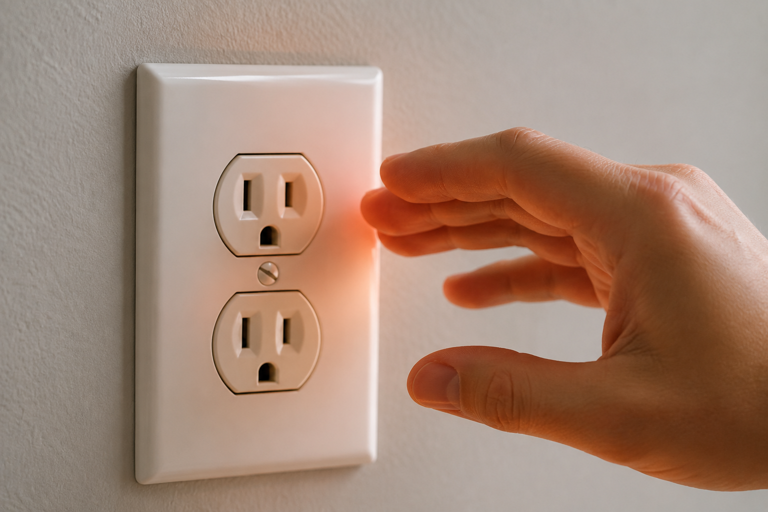 close-up of a modern electrical outlet with a hand near the outlet in a residential home showing an electrical troubleshooting situation