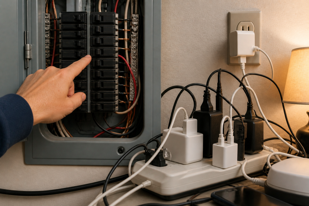 overloaded power strip and circuit panel indicating too many devices on one circuit causing flickering lights