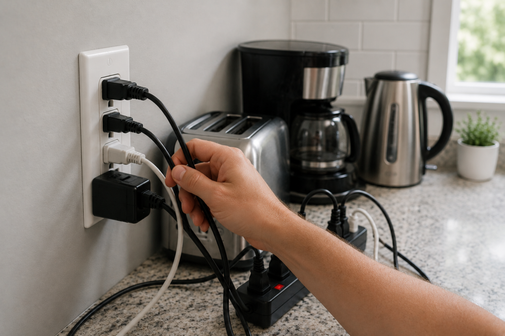 Multiple kitchen appliances plugged into a crowded electrical outlet and power strip causing an overloaded circuit condition