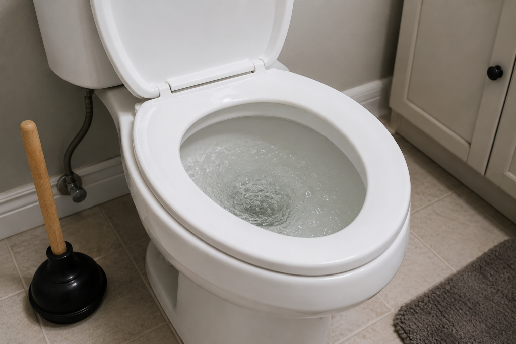 Toilet with slow draining water and a plunger nearby showing signs of a partial drain clog causing gurgling after flushing for Why Does My Toilet Gurgle After Flushing