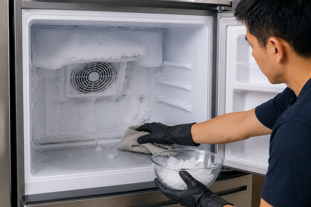 Open LG refrigerator freezer compartment thawing during a manual defrost process with melting frost and ice buildup around the fan area to fix an IF error code caused by restricted airflow