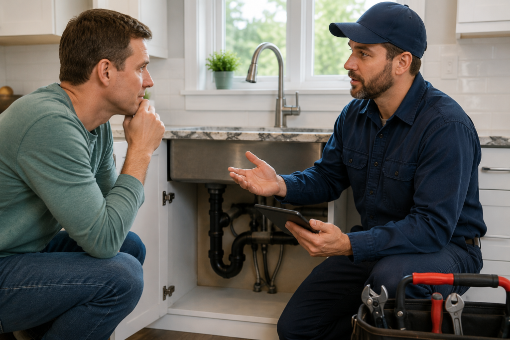 Plumber discussing persistent low water pressure problems with a homeowner in a kitchen