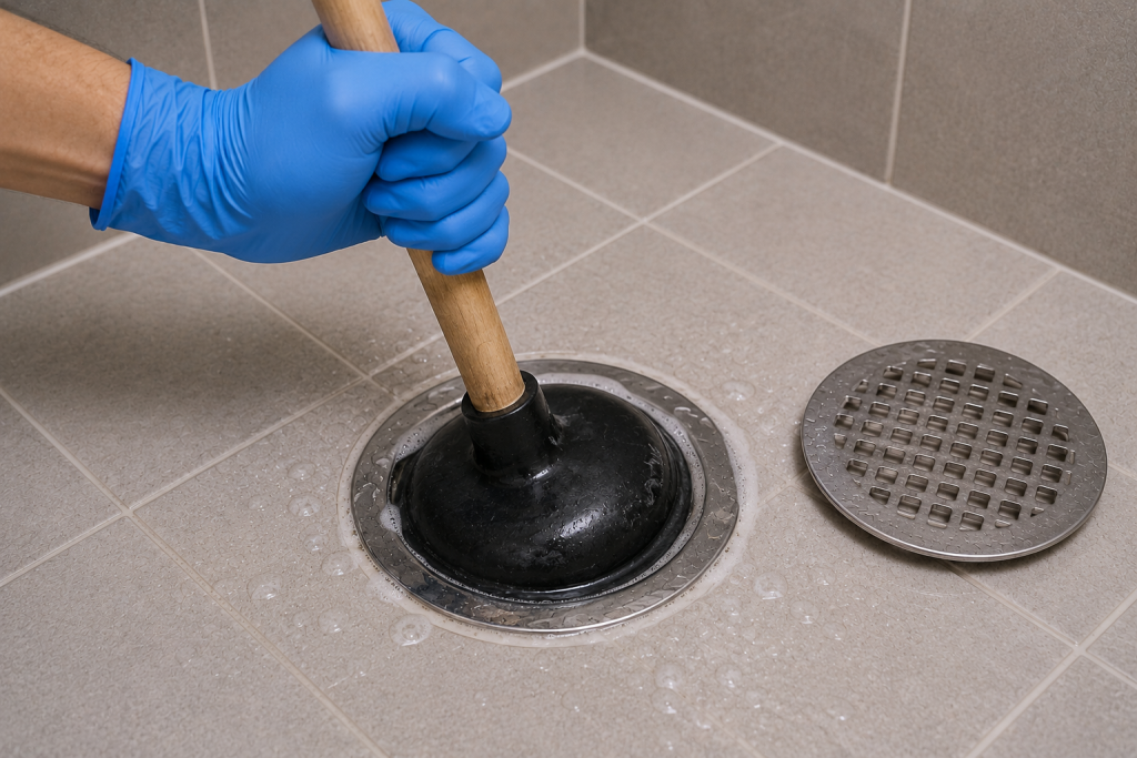 Rubber plunger being used to unclog a shower drain on a tiled bathroom floor with standing water around the drain area