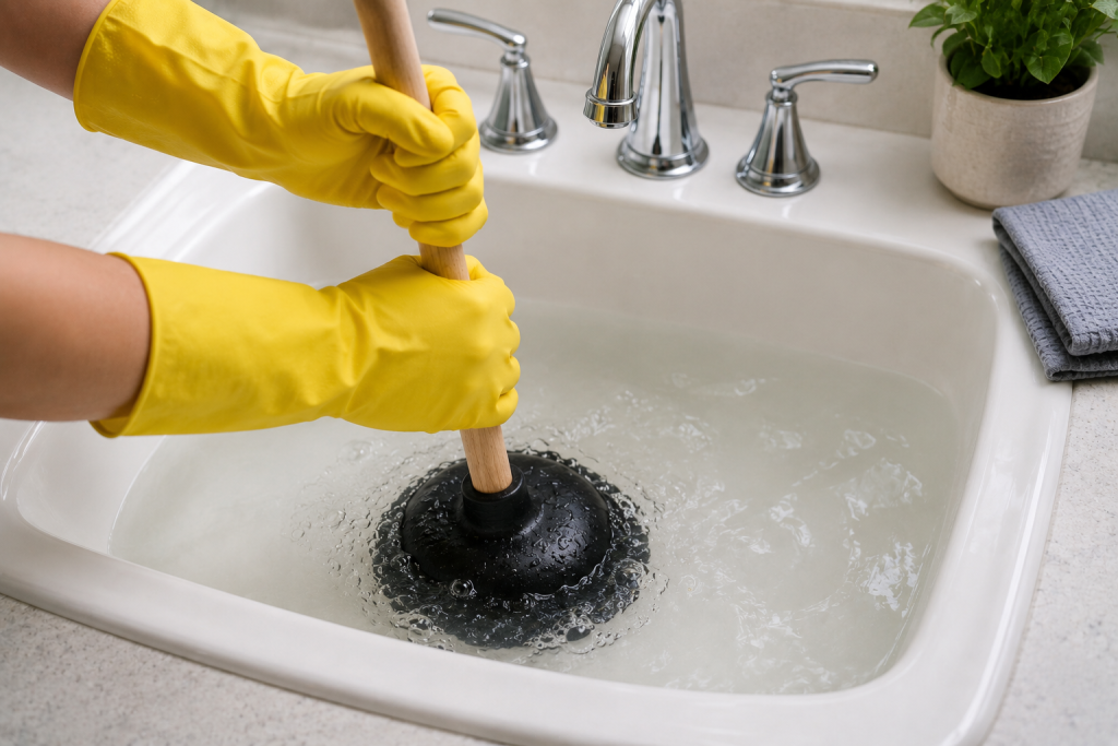 Black rubber plunger being used in a bathroom sink to help clear a slow draining sink clog.