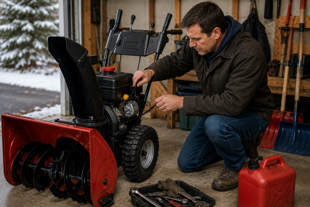Preparing snow blower, shovel, and winter snow removal equipment in garage before first snowfall during fall home maintenance