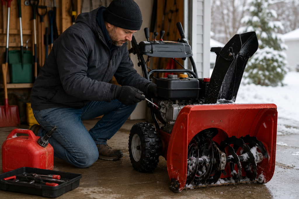 Homeowner inspecting and preparing a snowblower in a garage before winter snowfall season begins