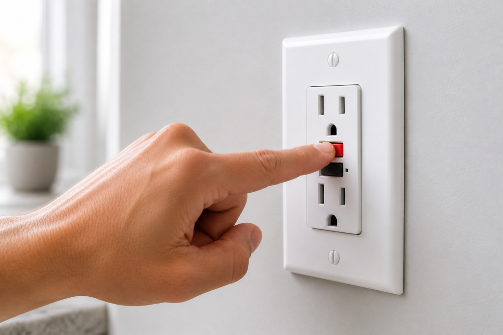 Hand firmly pressing the reset button on a GFCI outlet during troubleshooting.
