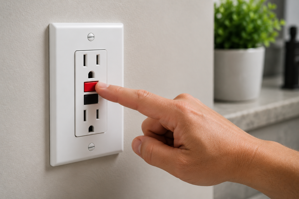 Finger pressing the reset button on a GFCI electrical outlet during troubleshooting indoors
