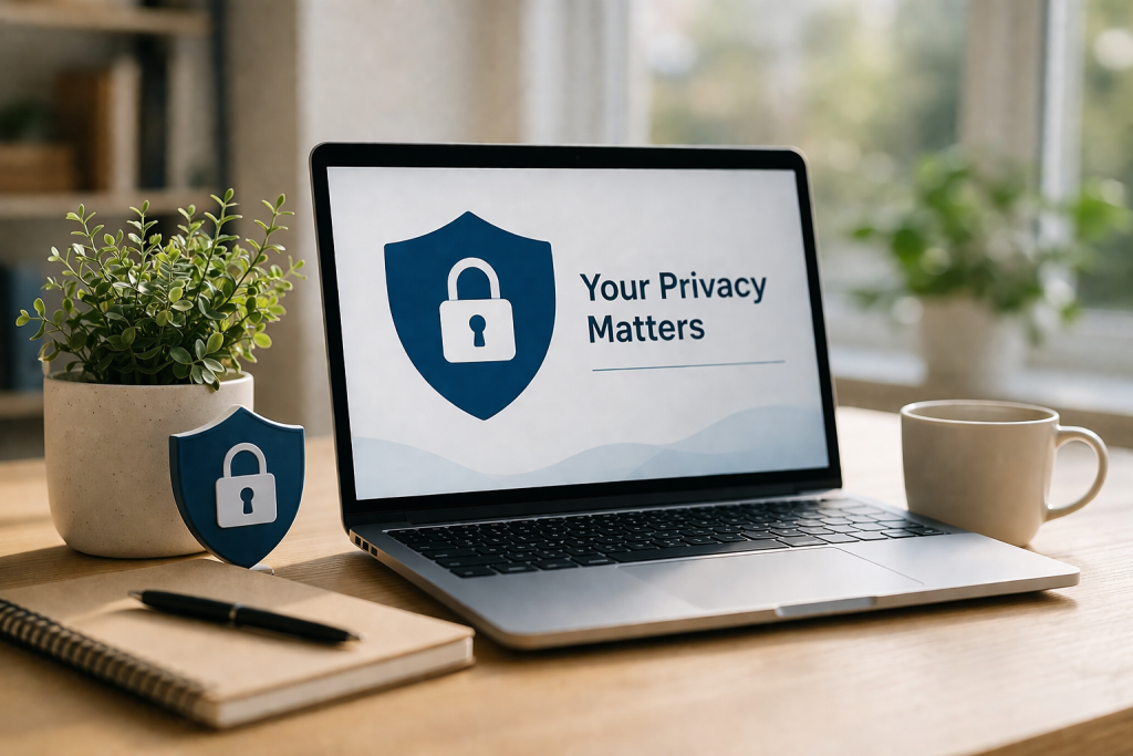 Modern workspace with laptop displaying security lock symbol representing online privacy and data protection