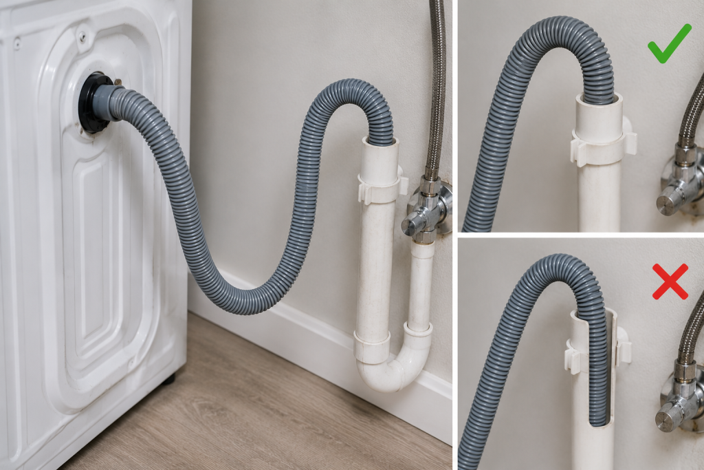 Properly installed Whirlpool washing machine drain hose connected to a laundry standpipe to prevent F9E1 long drain errors