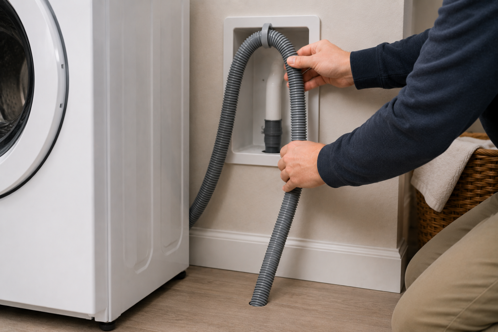 Correctly installed washing machine drain hose connected to a household laundry standpipe behind an LG front load washer