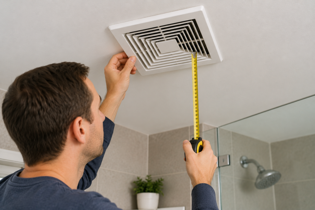 Homeowner measuring a bathroom exhaust fan and bathroom dimensions to determine whether the fan is properly sized for effective moisture removal and ventilation.