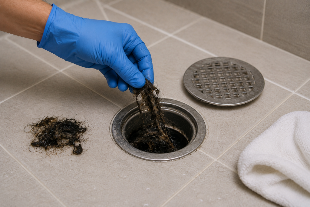 Gloved hand removing hair and debris from a clogged shower drain on a tiled bathroom floor