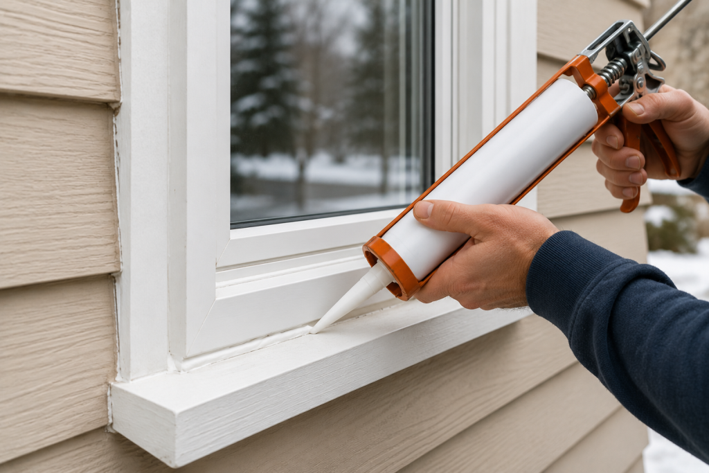 Applying exterior caulk around a residential window frame to seal winter air leaks and improve insulation efficiency