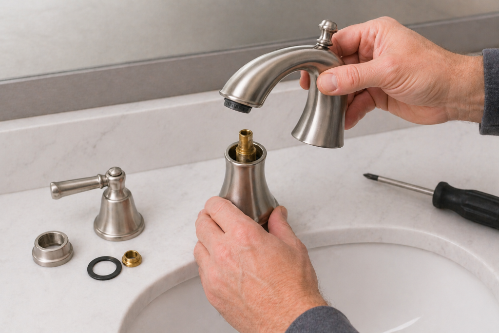 reinstall faucet parts to fix leaky faucet