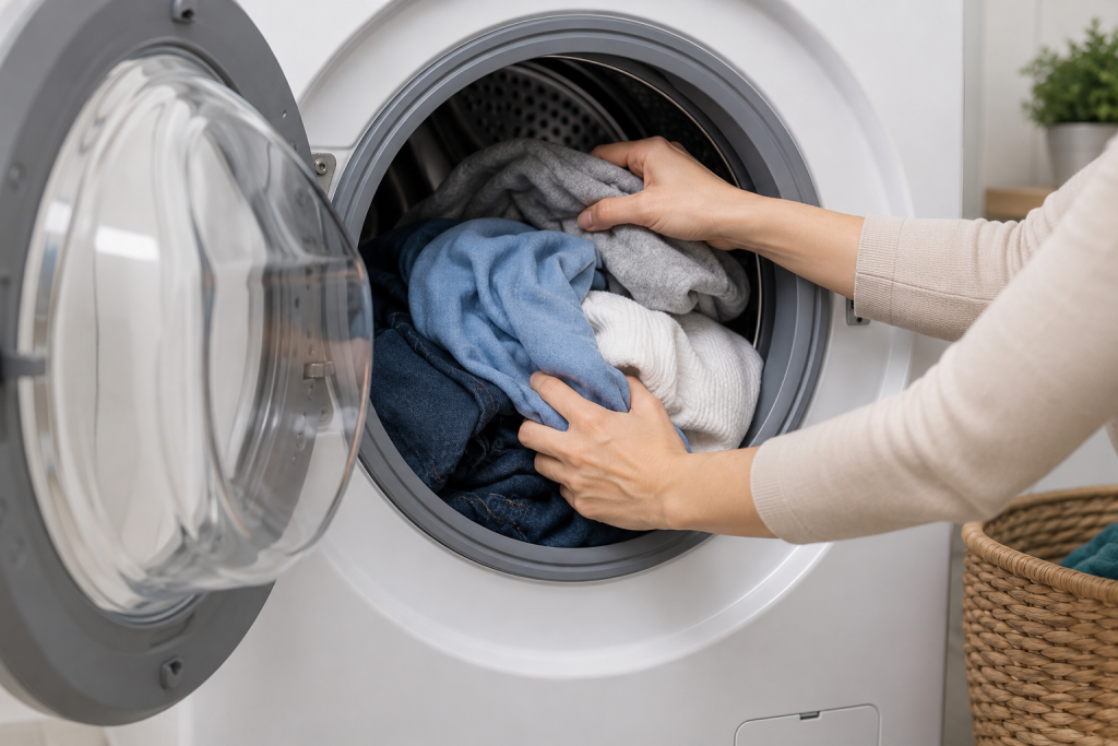 Homeowner redistributing wet laundry evenly inside an LG front load washing machine drum to fix a UE unbalanced load error during the spin cycle for LG UE Code