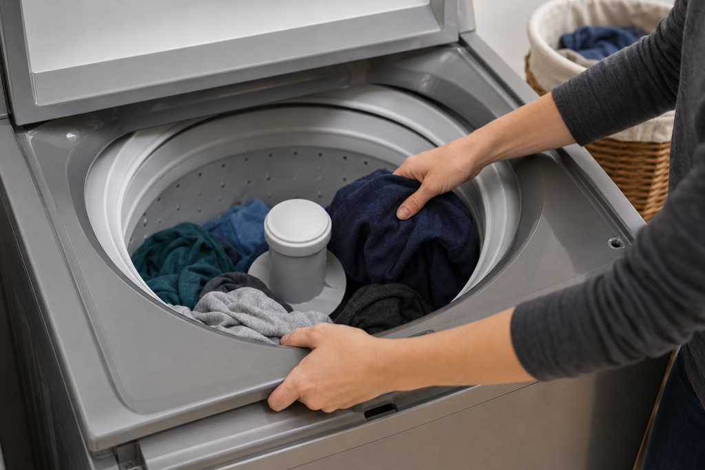 Person redistributing clothes evenly inside a top-loading Maytag washer to fix a sensing cycle issue caused by an unbalanced load