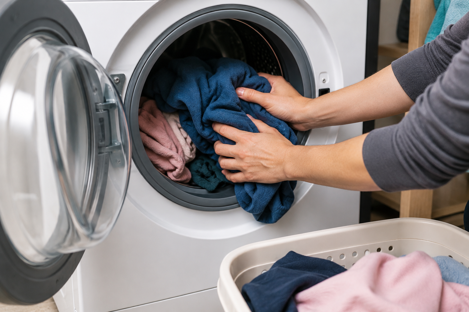 Hands redistributing clothes evenly inside a front-loading washing machine to fix an unbalanced laundry load