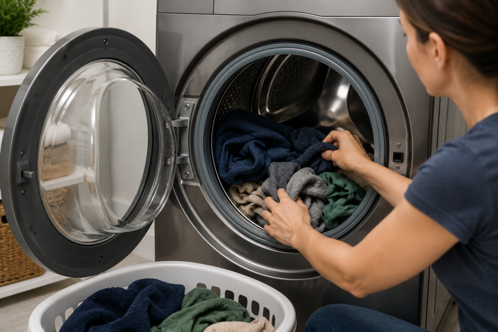 Homeowner redistributing wet laundry evenly inside a front-load washing machine drum to fix a Samsung washer UR error code and balance problem