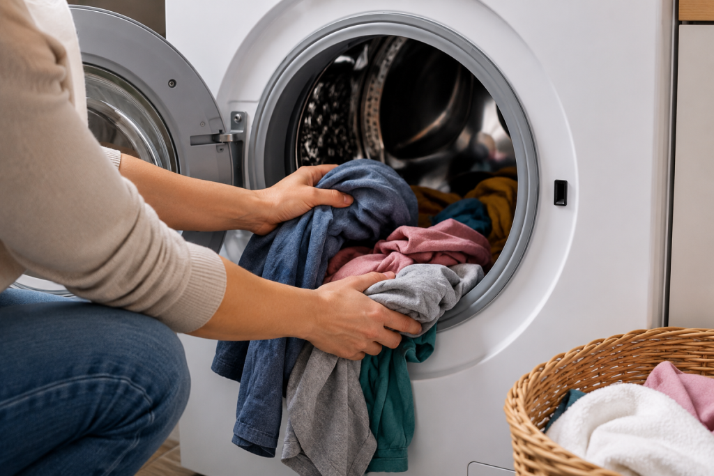Hands redistributing clothes evenly inside a front-load washing machine drum to prevent washing machine shaking violently during the spin cycle