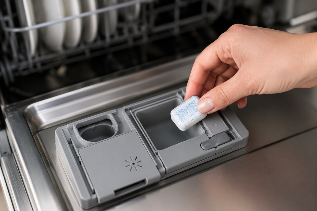 Hand adding a small amount of dishwasher detergent into the detergent compartment to help prevent white residue and cloudy dishes and answer Why Is My Dishwasher Leaving White Residue