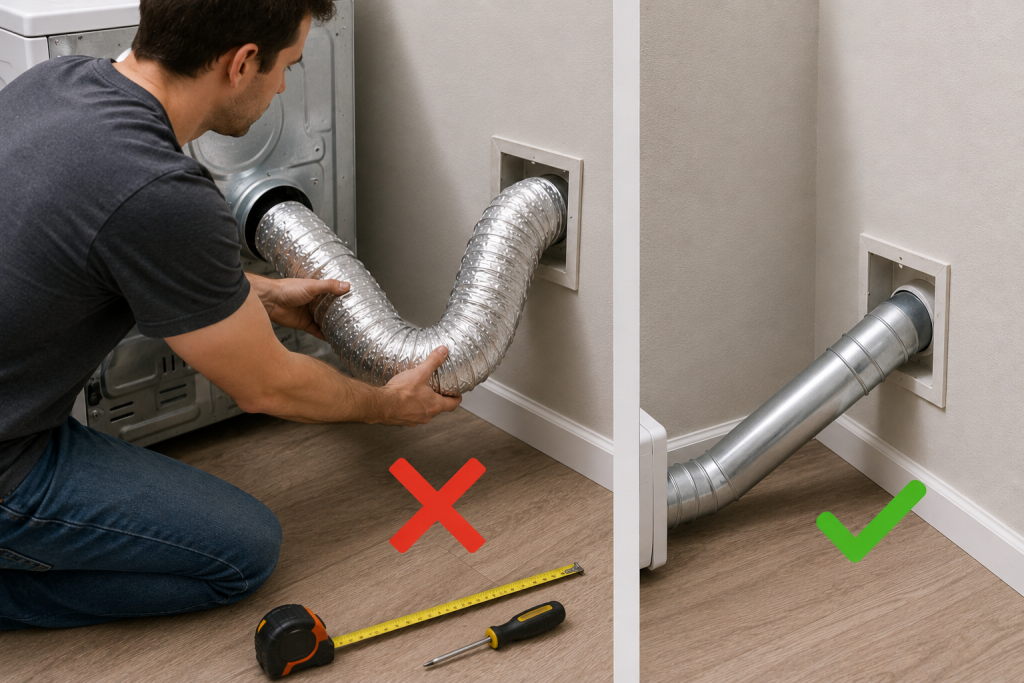 Short and properly routed LG dryer vent duct with minimal bends to improve airflow and eliminate a D80 error code caused by restricted ventilation