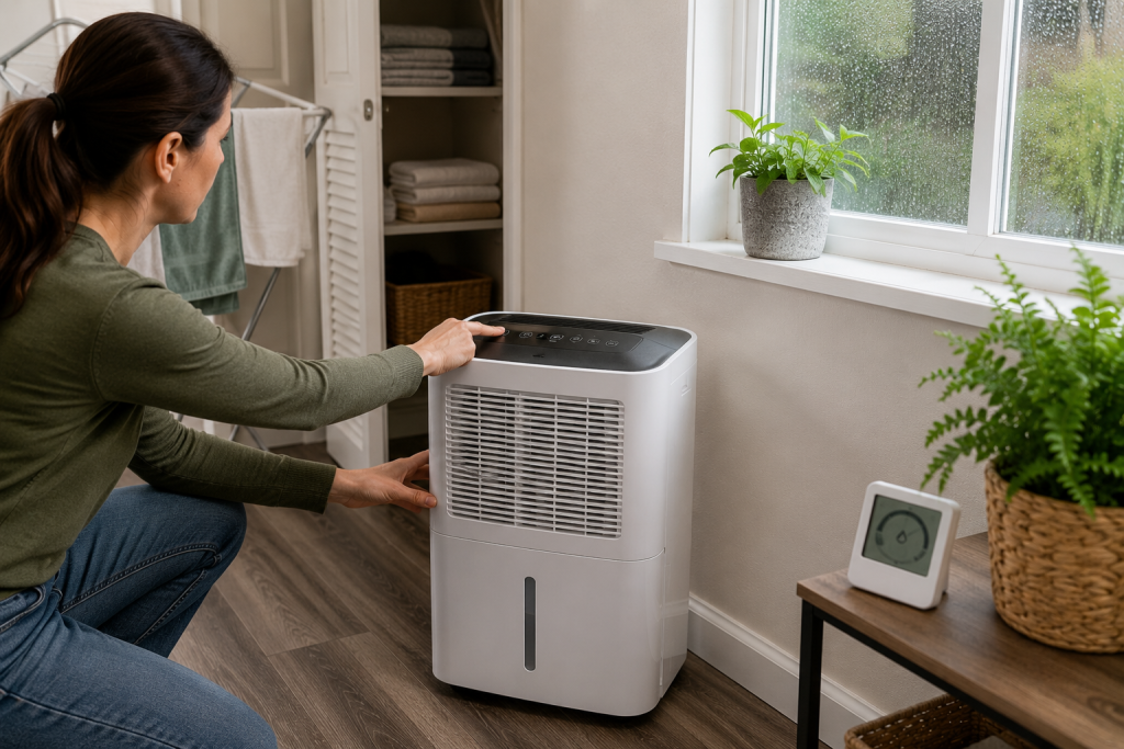 Modern living room with a portable dehumidifier running near a window to reduce indoor humidity and prevent musty odors after heavy rain