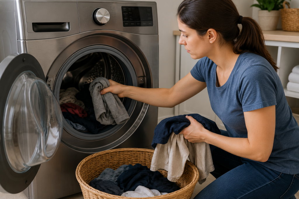 Homeowner removing clothing from an overloaded front load washing machine in a modern laundry room to reduce motor strain and troubleshoot an LG LE error code