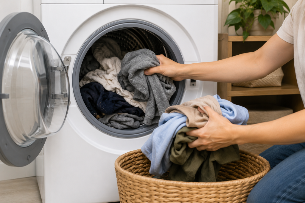 Homeowner removing excess laundry from an overloaded LG front load washing machine to fix a UE unbalanced load error during the spin cycle